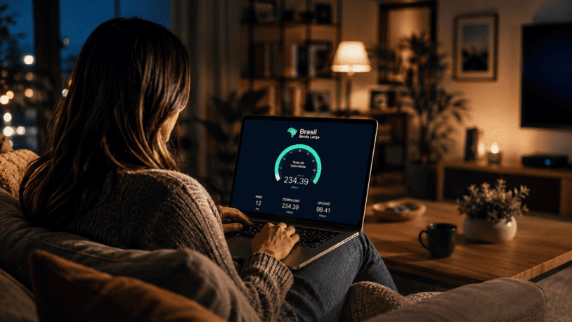 Usuário verificando velocidade da internet com métricas de download, upload e ping em ambiente residencial