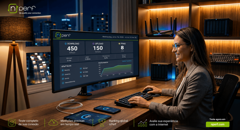Mulher a analisar os resultados do nPerf Teste de Velocidade em um monitor