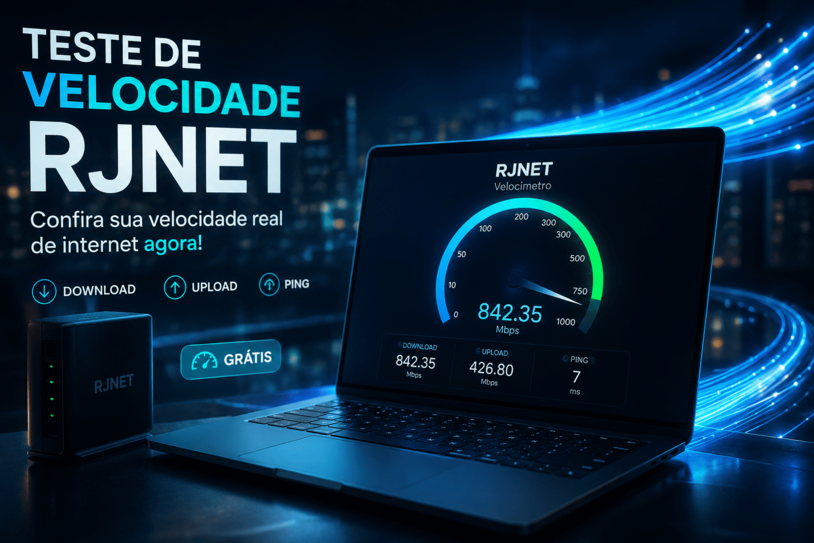 Teste de Velocidade RJNET mostrando medição de download, upload e ping em um velocímetro digital
