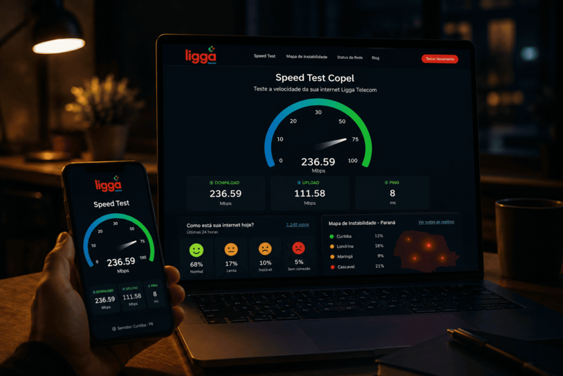 Tela de Speed Test Copel mostrando velocidade da internet Ligga Telecom, resultados de download, upload, ping e painel de estabilidade da rede no Paraná.