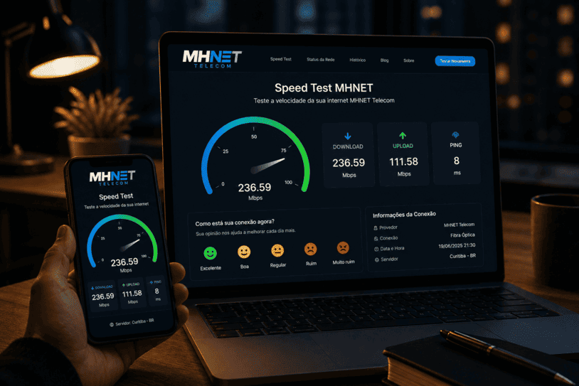 Velocimetro mostrando a velocidade da internet Mhnet