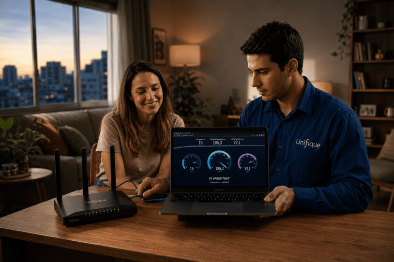 Cliente acompanhando teste de velocidade Wi-Fi com técnico especializado da Unifique