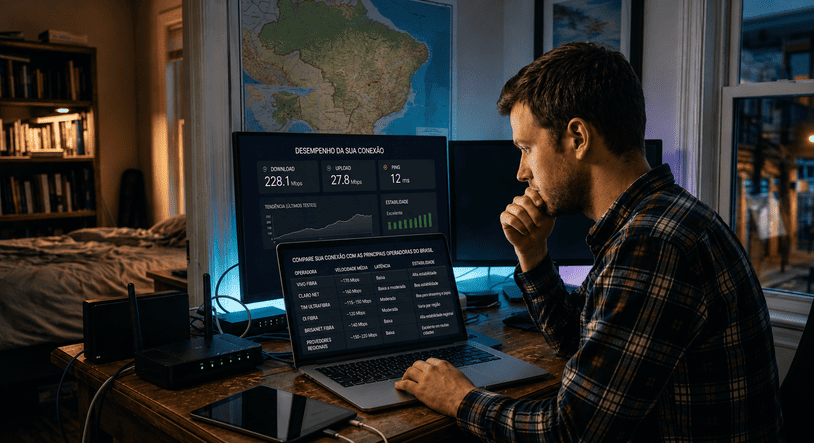 Homem realizando um teste de velocidade da internet em notebook e comparando o desempenho das principais operadoras de fibra óptica do Brasil em 2026.